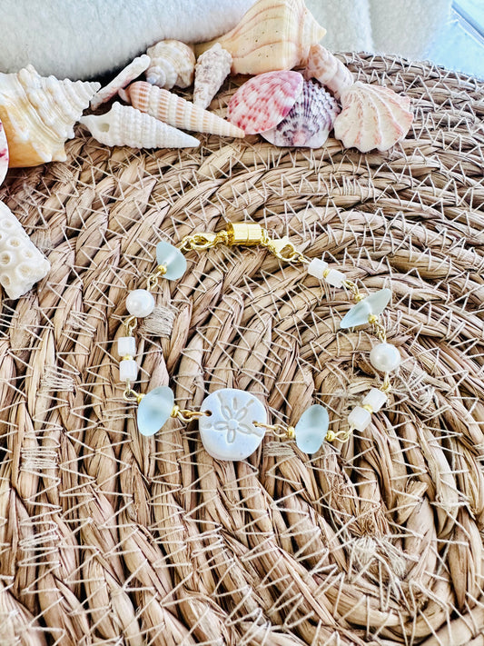 Sand dollar, Seaglass and Pearl Bracelet