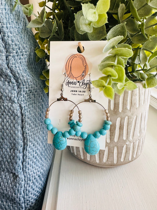Turquoise & Silver Beaded Hoops