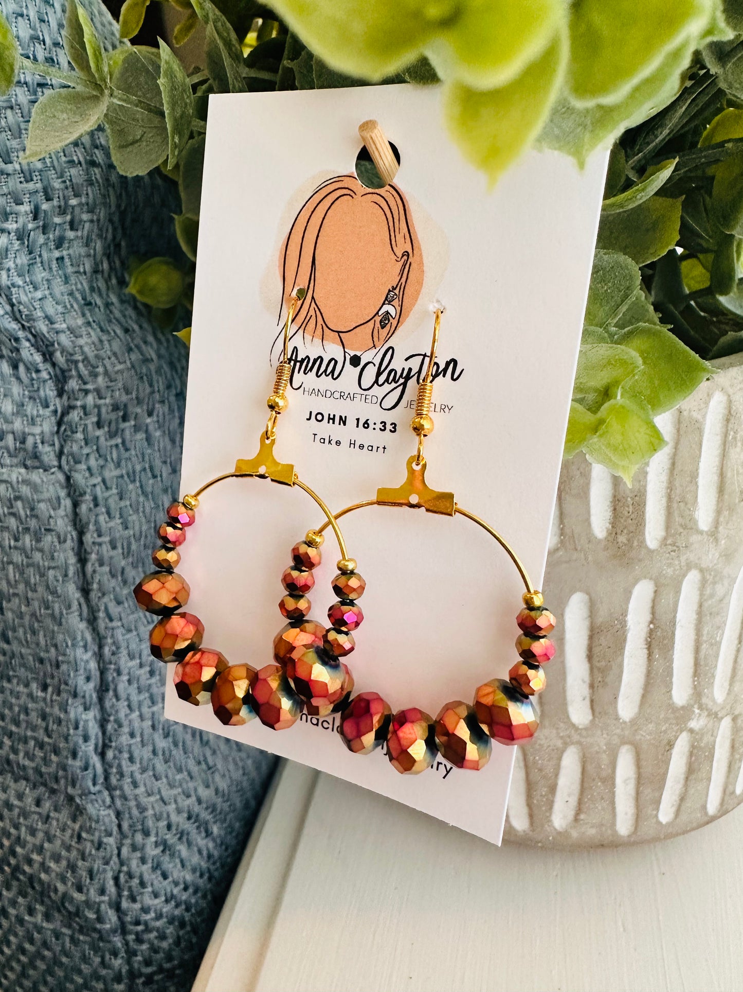 Maroon and Gold Beaded Hoops