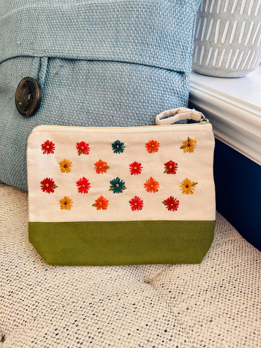 Floral Two-Toned Zippered Pouch